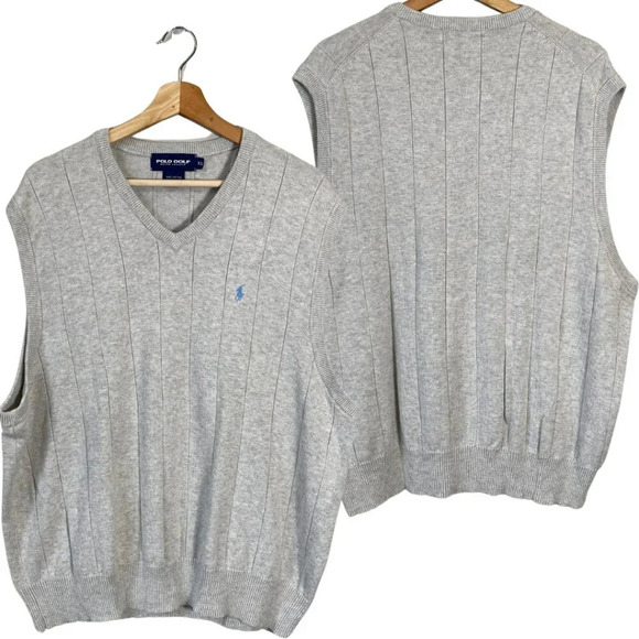 Vintage Polo Golf Ribbed V-Neck Knit Pullover Sweater Vest Men's XL Gray Preppy - Picture 1 of 10